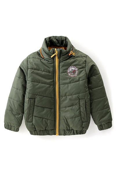 Babyhug Babyhug Woven Full Sleeves Solid Color Padded Hooded Jacket - Olive Green & Mustard
