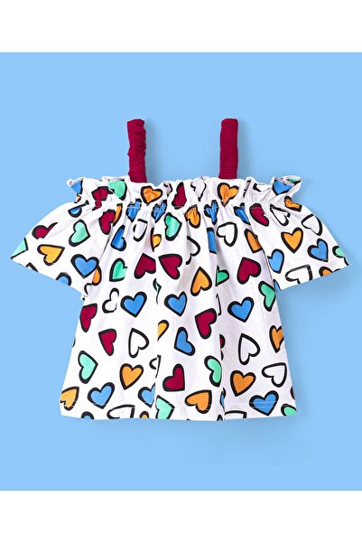Ollington St. Ollington St. 100% Cotton Off Shoulder Heart Printed Top & Knit Paperbag Shorts Set - White & Red