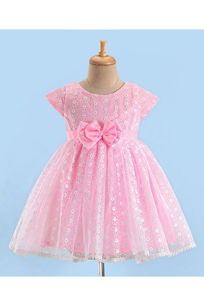 Babyhug Babyhug Woven Half Sleeves Party Frock With Floral Embroidery & Bow Applique - Pink