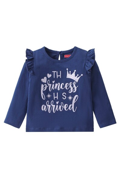 Babyhug Babyhug Cotton Full Sleeves Tee With Frill Detailing & Text Graphics- Navy Blue