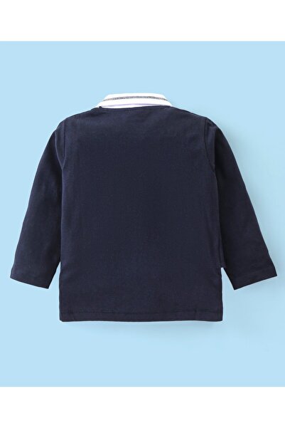 Babyhug Babyhug Cotton Knit Full Sleeves Overlapped Polo T-Shirt & Lounge Pants Set With Bow - Blue