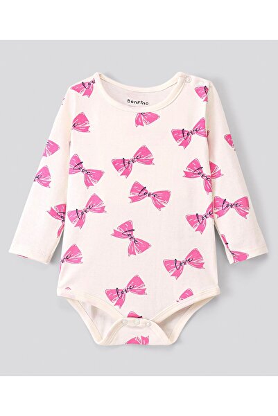 Bonfino Bonfino 100% Cotton Knit Full Sleeves Onesies Bow Print Pack of 3 - Ivory & Pink