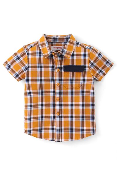 Babyhug Babyhug 100% Cotton Woven Half Sleeves Checked Shirt & Shorts Set  - Orange & Navy Blue