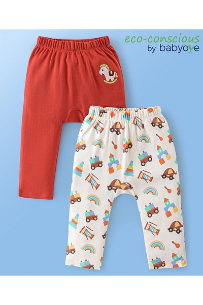 Babyoye Babyoye 100% Cotton Eco Jiva Finish Full Length Diaper Leggings Toys Print Pack of 2-Red & White