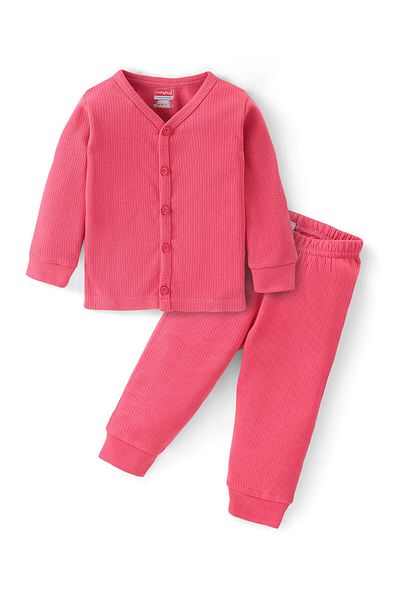 Babyhug Babyhug Cotton Full Sleeves Front Open Thermal Vest & Pants - Coral