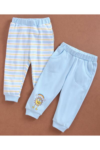 Babyoye Babyoye Full Length Lounge Pant Solid & Stripes Print Pack of 2 - Light Blue