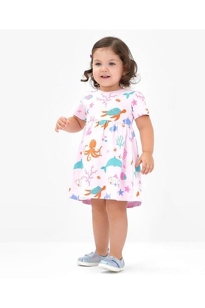 Bonfino Bonfino 100% Cotton Knit Short Sleeves Frock with Bloomer Sea Life Print - Pink