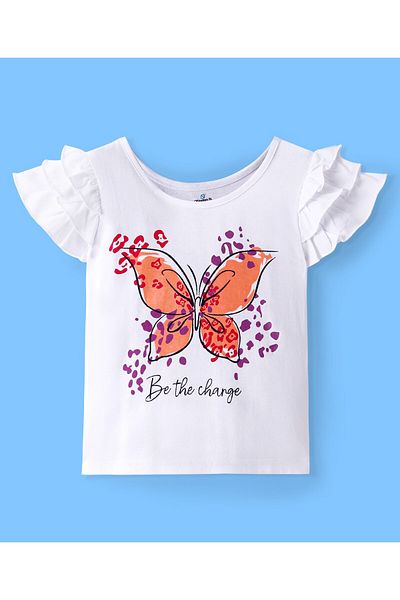 Ollington St. Ollington St. 100% Cotton Frill Sleeve Top Butterfly Print & Skirt Button Detailing-White & Pink
