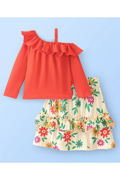 Ollington St. Ollington St. 100% Cotton Sinker Knit Full Sleeves Top & Skirt Set Floral Print - Orange & Off White