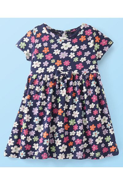 Babyhug Babyhug Cotton Knit Half Sleeves Frock With Floral & Striped Print Pack Of 2 - Orange & Navy Blue