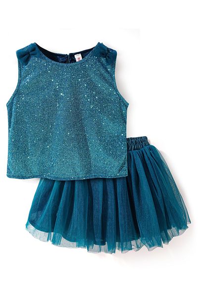 Babyhug Babyhug Sleeveless Top & Skirt Set Solid & Bow Applique - Teal