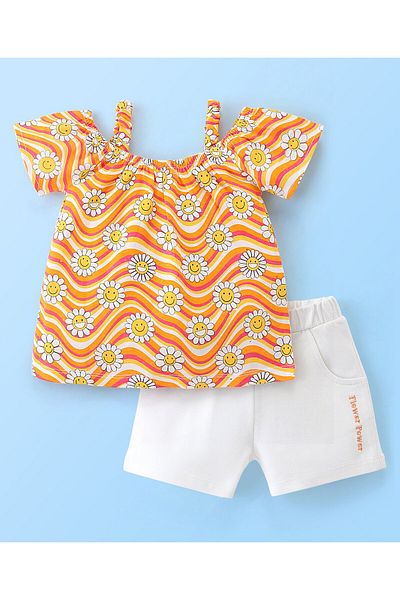 Babyhug Babyhug 100% Cotton Knit Singlet Off Shoulder Sleeves Top & Short Floral Print - Orange & White