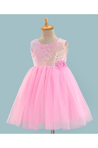 Babyhug Babyhug Woven Sleeveless Sequinned Party Frock With Floral Applique - Pink