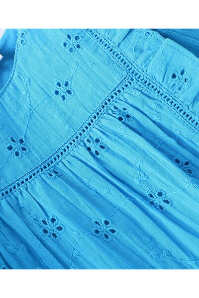 Babyhug Babyhug 100% Cotton Full Sleeves Shiffli Top with Frill Detailing - Blue