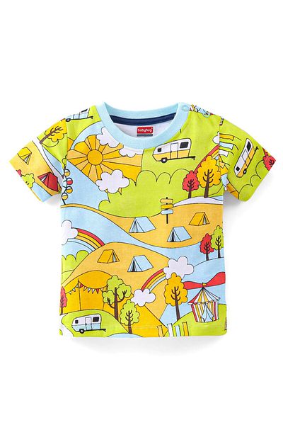 Babyhug Babyhug 100% Cotton Half Sleeves T-Shirt with Landscape Print and Shorts - Multicolour