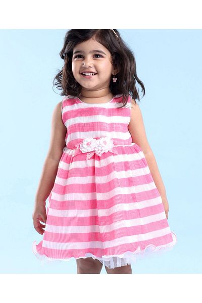Babyhug Babyhug Woven Sleeveless Pleated Satin Party Frock with Floral Applique - White Pink