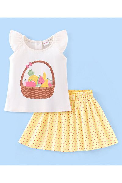 Babyhug Babyhug 100% Cotton Knit Cap Sleeve Top & Skirt Set Bow Applique Fruit Basket Print-White & Yellow