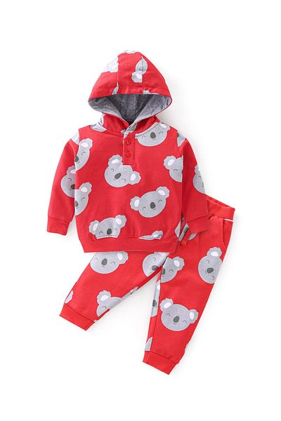 Babyhug Babyhug 100% Cotton Full Sleeves Hooded T-Shirt & Lounge Pants With Koala Print - Red