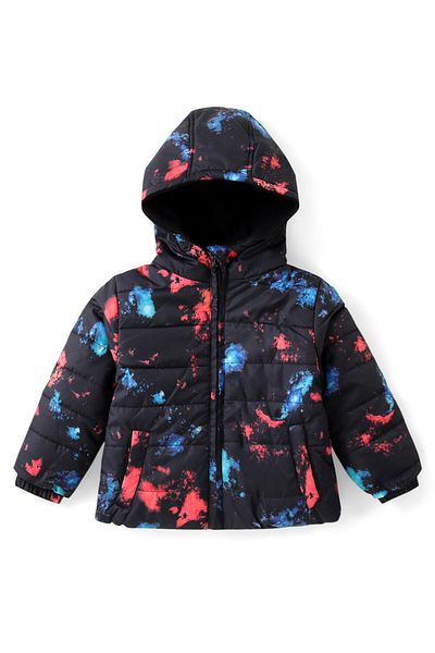 Babyhug Babyhug Woven Full Sleeves Hooded Puffer Winter Wear Suit With Color Splash Print - Black