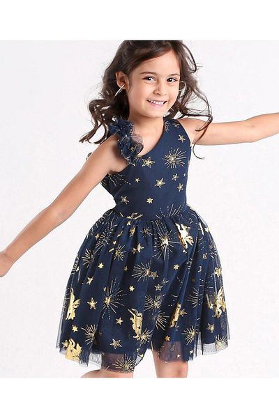 Babyhug Babyhug Sleeveless Foil Detailing Party Frock - Navy