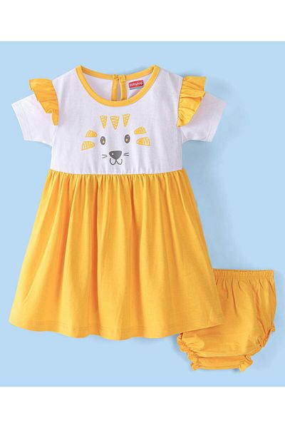 Babyhug Babyhug 100% Cotton Half Sleeves Frock with Bloomer Lion Print - Yellow