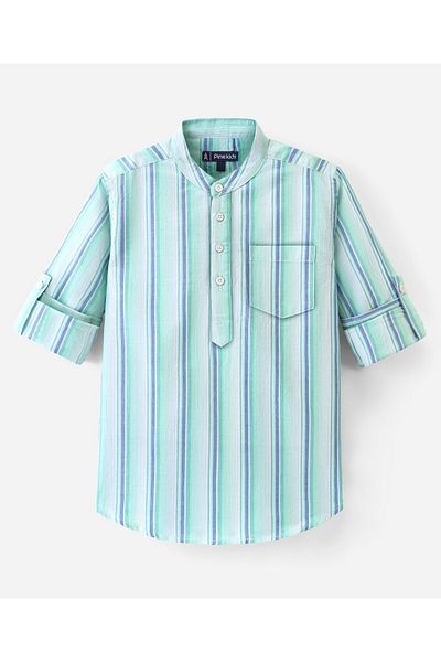 Pine kids قميص Pine Kids 100% قطني بأكمام طويلة وفتحة أمامية بأزرار مخططة - أخضر