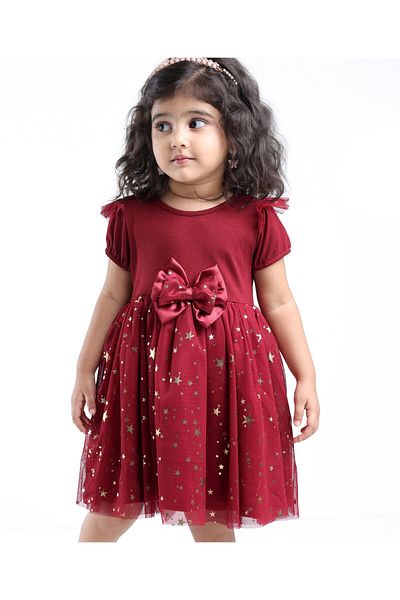 Babyhug Babyhug Woven Half Sleeves Party Frock With Bow Applique & Over Foil Print - Maroon