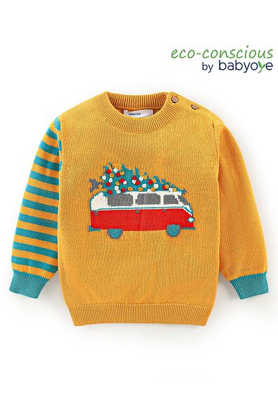 Babyoye Babyoye 100% Cotton Embellished Full Sleeves Vehicle Print Pullover - Blue & Yellow