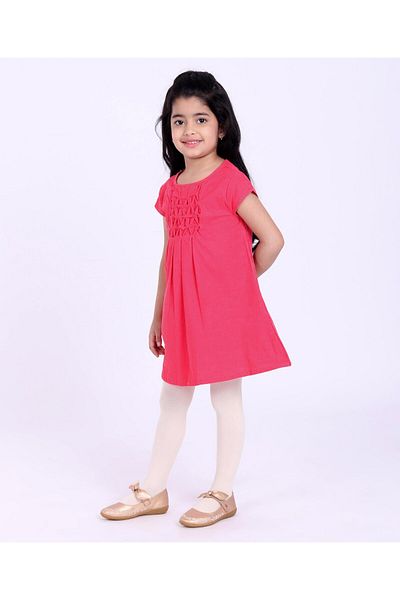 Babyhug Babyhug Half Sleeves Corduroy Frock Solid - Coral Pink