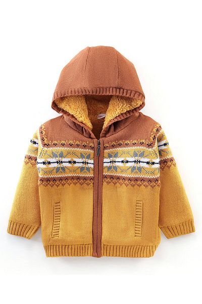 Babyhug سترة محبوكة بأكمام طويلة بتصميم Argyle - الخردل والبني