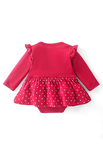 Babyhug Babyhug 100% Cotton Knit Full Sleeves Frock Style Onesie Bear Print - Red