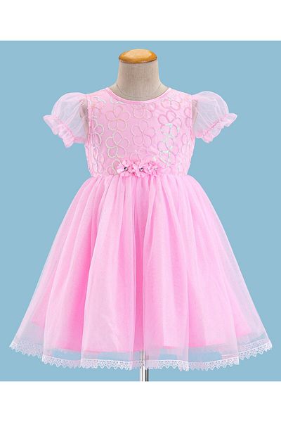 Babyhug Babyhug Puffed Sleeves Sequinned & Corsage Detailing Party Frock - Pink