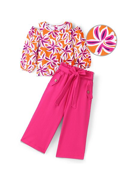 Ollington St. Ollington St. Off-Shoulder Full Sleeves Multicolor Printed Top & Culottes Set - Orange & Pink