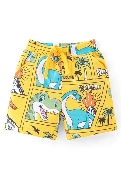 Babyhug Babyhug Cotton Knit Half Sleeves Dino Printed Shirt & Shorts Set - Yellow