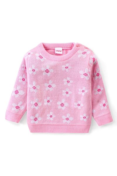 Babyhug Babyhug Knitted Full Sleeves Pullover Sweater Set with Floral Design - Pink