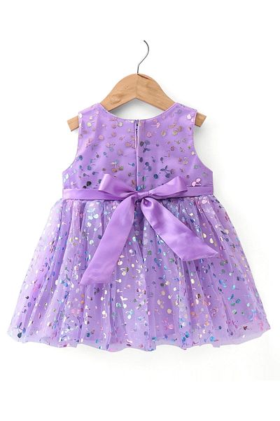 Babyhug Babyhug Sleeveless All Over Foil Printed Party Frock with Bow - Lavender