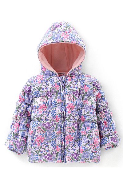 Babyhug Babyhug Full Sleeves Woven Hoodie with Pockets Floral Print - Pink & Purple