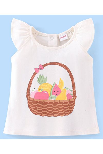 Babyhug Babyhug 100% Cotton Knit Cap Sleeve Top & Skirt Set Bow Applique Fruit Basket Print-White & Yellow