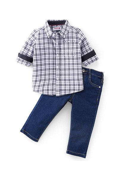 Babyhug Babyhug 100% Cotton Knit Full Sleeves Shirt & Jeans Checkered - White & Blue