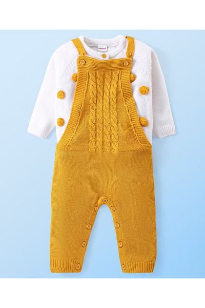 Babyhug Babyhug Knitted Full Raglan Sleeves T-Shirt with Cable Knit Designed Dungaree - Mustard & White
