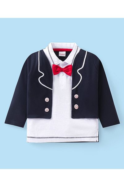Babyhug Babyhug Cotton Knit Full Sleeves Overlapped Polo T-Shirt & Lounge Pants Set With Bow - Blue