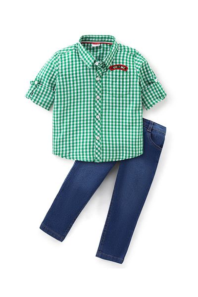 Babyhug Babyhug Full Sleeves Checekered Shirt and Denim Jeans With Text Applique - Green & Blue