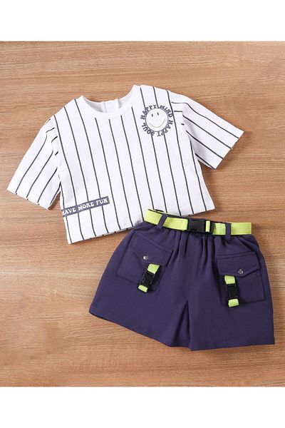 Ollington St. Ollington St. Half Sleeves Striper Top and Skorts with Belt Detailing and 3D Pockets - White & Navy