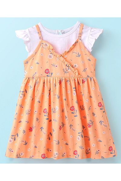 Babyhug Babyhug 100% Cotton Knit Floral Print Frock with Frill Sleeves Inner Tee - Peach & White