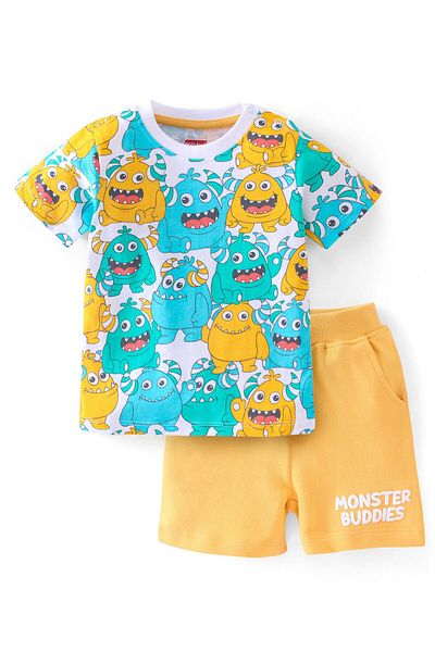 Babyhug Babyhug 100% Cotton Knit Half Sleeves T-Shirt & Shorts Set Monster Print - White Turquoise & Orange