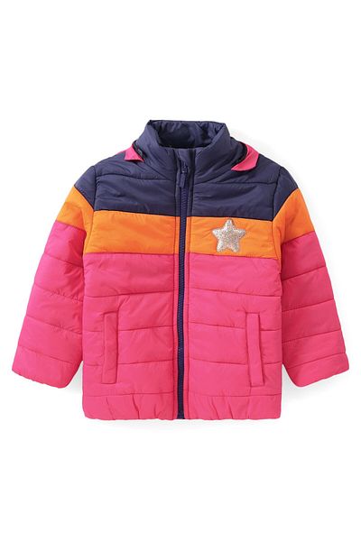 Babyhug Babyhug Woven Full Sleeve Padded Hooded Jacket Colour Block Design & Patch -Pink & Navy Blue