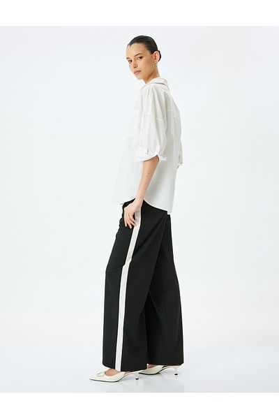 Koton Stripe Detailed High Waist Wide Leg Baggy Fabric Pants with Pockets