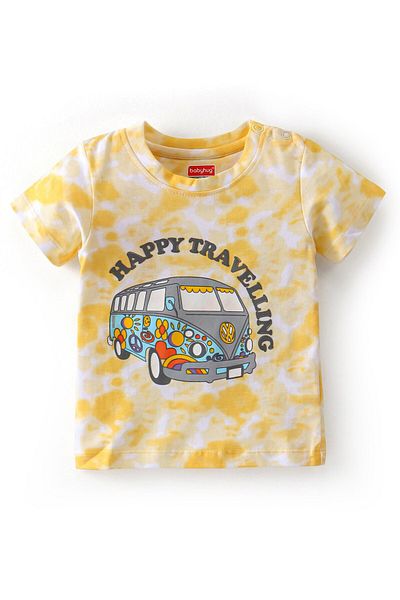 Babyhug Babyhug Half Sleeves Tie Dye T-Shirt & Denim Shorts Set Bus Print - Yellow & Blue