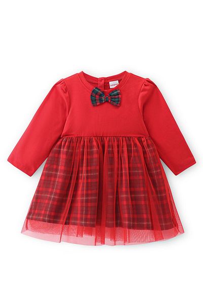 Babyhug Babyhug 100% Cotton Knit Full Sleeves Frock With Knit Yoke & Mesh Detailing Yarndyed Checks - Red