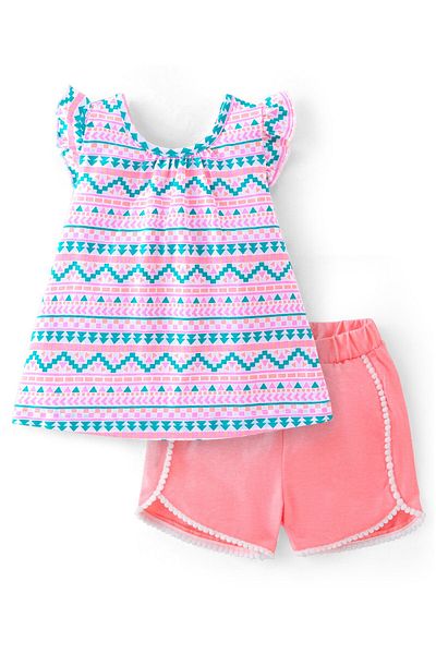 Babyhug Babyhug Cotton  Sleeveless Printed Top & Shorts Set with Bow Applique - White & Pink